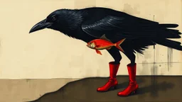 Long Shadows: raven, red fish, red boots, abstract surrealism, collage, conceptual art