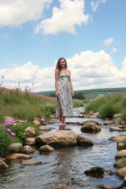 country side small river nice rocks at floor ,wild flowers, blosom pretty sky and cloudes a beautiful young lady standing gracefully in water