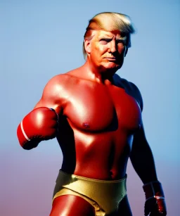 Donald trump fighter wrestling, naked torso, color breeches, suspenders, retro style, 80s, hot ambient, photo studio, red, gold, vibrant color, gradient, highly detailed, art stations, concept art, smooth, unreal engine 5, god rays, ray tracing, RTX, lumen lighting, ultra detail, volumetric lighting, 3d, finely drawn, high definition, high resolution.