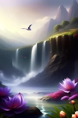 Paisaje realista con una gran flor de loto violeta, con cascadas, pájaros volando, a lo lejos las montañas, tonos naturales