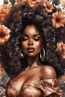 Create a watercolor painting art image of a curvy black female wearing a brown off the shoulder blouse, and she is looking down with Prominent makeup. Highly detailed tightly curly black afro. Background of large brown and black flowers surrounding her