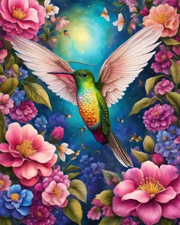 Full body cute floral hummingbird in spring flowers in the style of Josephine Wall, dark pink and beige, colorized, highres, detailed fur, realistic, vibrant, springtime, detailed eyes, professional, atmospheric lighting. High resolution, 8K,