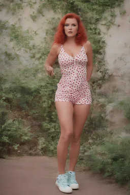 young Darla Quiggleblarf - red hair, green eyes, stacked body, huge gargantuans, bikini with red and while-polka dots and converse sneakers