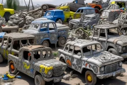 A light gray trashed junkyard with broken down construction vehicles designed in Oaxacan alebrijes painted by Keith Haring
