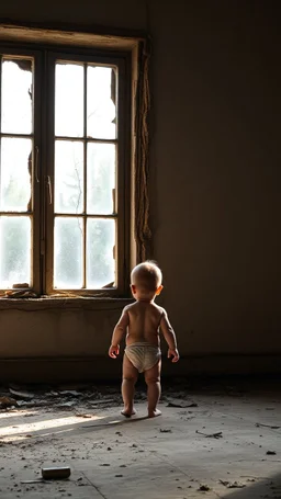 A baby in the crit in front of a big window in an abandoned damaged room