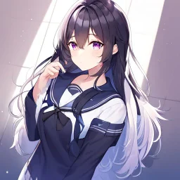 Clear focus, High resolution, Black long hair, fluffy hair, purple eyes, wearing a sailor uniform, rough line