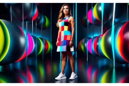 beautiful lady with todays modern clothing and sport shoes, in surreal stage made of fractal random size spheres with helical strip colors in clothing similar to environment full body posing to camera,animating background metallic random color cubes