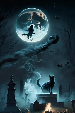 A black cat, running through smoke, in a graveyard, with a full moon in the background, and a witch casting a spell