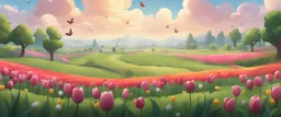Generate a background landscape image suitable for a mobile game, inspired by the aesthetic of Clash of Clans. The scene should depict a serene pastoral setting with rolling hills and lush green meadows. In the foreground, include a vibrant tulip field, with colorful blooms scattered across the landscape. Populate the scene with butterflies gracefully fluttering around the tulips and bumble bees buzzing amidst the flowers. Ensure that the foreground edge of the image is grass.