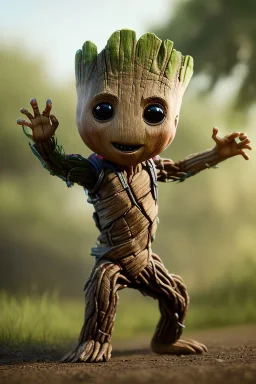 Groot toddler, full body, jacket, bokeh, hyper realistic