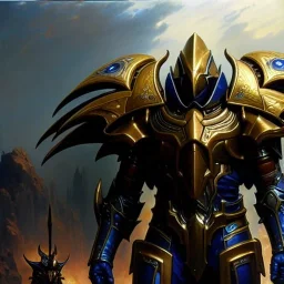 portrait 'Immortal Protoss Unit-Starcraft' ancient metal armor ,painting by gaston bussiere, greg rutkowski, yoji shinkawa, yoshitaka amano, tsutomu nihei, donato giancola, tim hildebrandt, oil on canvas, cinematic composition, extreme detail,fit full head inside picture,16k