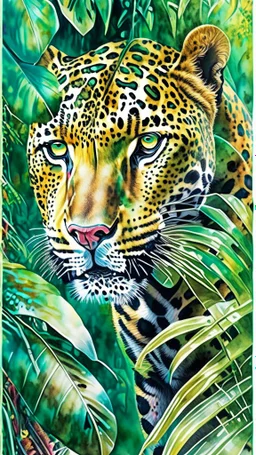 Jaguar en la selva arte acuarela colores contrastantes calidad ultra hiperdetallado maximalista 16k full body