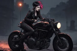 scarred cyberpunk vampire girl showing fangs with short cropped cyberpunk hair riding a black cafe racer motorcycle in a post apocalyptic wasteland at 3 am