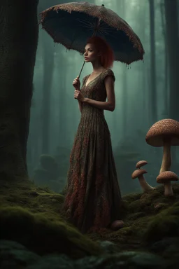 tall slim woman in a dress, in a forest, holding an umbrella made from a mushroom, detailed matte painting, deep colour, fantastical, intricate detail, complementary colours, fantasy concept art, 8k resolution, Unreal Engine 5