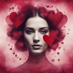 Double Exposure Of A Beautiful Women (Face) With Mini Maroon Whirling Hearts in a Grunge Pink And Red Background.