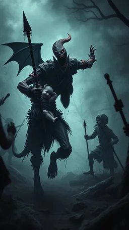 A scary devilish creature kidnapping and carrying a baby and running away in from villagers with stick’s chasing the man in dark scary environment