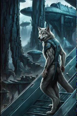 front an anthropomorphic hairy wolf-man standing on spaceship's ramp on alien land and looking at the camera, around big white-blue fog and the spaceship's ruins . His gaze is directed towards the rain-soaked landscape, which is filled with towering trees with massive trunks. In background back him the spaceship and big fog. The atmosphere is a seamless blend of sci-fi and dark fantasy mood