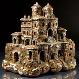 A brown fortress with rocky hammers designed in Matryoshka dolls painted by Claude Monet