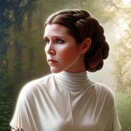 square framed complete and ultra realistic detailed head to waist stunning portrait of young carrie fisher as Princess Leia with realistic hairstyle by Mandy Jurgens and mucha and Richard Schmid and chuck close and chie yoshii, extraordinary and detailed ceremony dress of star wars,brown eyes