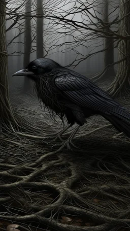 black vein, human veins, mixing together a lot of them, like a forest, big and small veins a lot of them, a crow standing on black spider