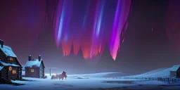 Medieval fantasy small Cattle farm in a bleak cold land, northern lights, misty, mountainous