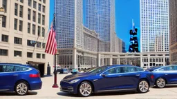A Tesla's 'Model S Plaid' is parked, on the Navy Pier, in Chicago. CINEMATIC. WIDE ANGLE LENS. PHOTO REAL.