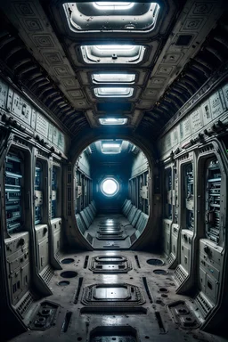 Alien symbols and silent corridors evoke space horror in this abandoned spaceship interior