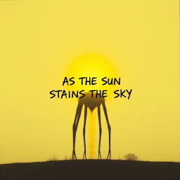 Text 'AS THE SUN STAINS THE SKY' in shaky handwriting as the centerpiece of an anthropomorphic metaphoric solar pixelated creature with very long legs leaving a dirty yellowish smear in sky behind it, glitchy grainy photography, surreal, minimalism, moody, sinister, profound, fantastical