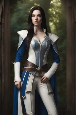 pale skin, Realistic photography, realism, female half elf, beautiful, young, dark hair, long and subtle stylish layer straight hair style, front view, intricate white leather armor with blue streaks, dark aristocrat pants, standing, blue detailed plating, detailed part, brown dark eyes, green garden background behind window, dawn, full body shot, looking at viewer, detailed eyes