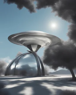 Design a futuristic, silver UFO hovering in a clear blue daytime sky, photorealism