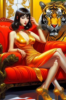 A digital painting by Kuniyoshi and Sorayama of a beautiful gynoid with a yellow dress sitting in a red couch next to a tiger's head.