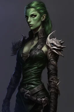 female snake humanoid, green scales, wearing a black leather armor, dungeons and dragons