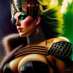 portrait oil on canvas, beautiful punk busty female Barbarian Warrior,green eyes, ,minimal armor,comic book cover, mystical colors,insanely detailed,realistic,intrincate detail, 16k resolution, masterpiece,Frank Frazetta,Alex Horley, Simon Bisley