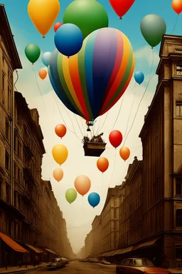 big city with balloons in the sky , Bosch painting style