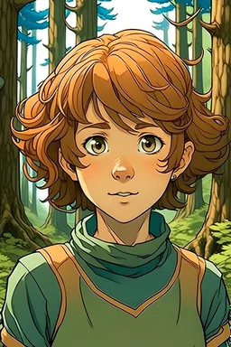 Jeune fille manga aux cheveux court et bouclé marron dans la forêt style Nausicaä de la vallée du vent