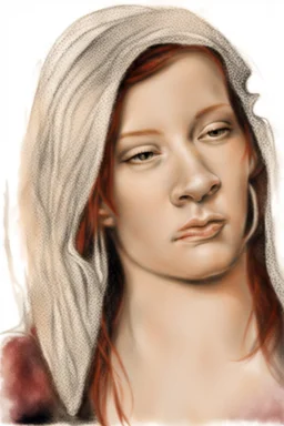 dibujo en grafito realista de rostro mujer 35 años nariz prominente aguileña gordita pelo rojo suelto ojos semicerrados de frente plano picado rasgos definidos boca cerrada