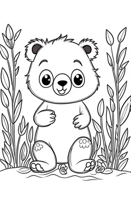 cute coloring page, sketch style, cute baby bearin the wood, cute cartoon, white and black, withe background, no shadows, outline.