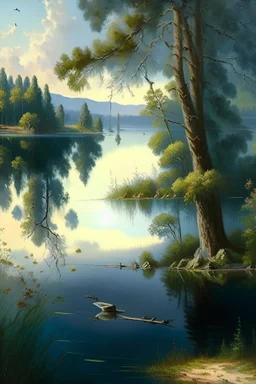 A painting of a beautiful place with a clear lake and trees beneath it