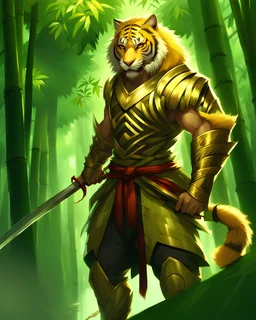 Half-man half-tiger, human face, light armor, rapier, golden fur, full body, imposing pose, bamboo forest