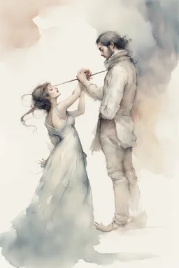 drawing of two people, Constance Buonasier and Dartagnan, characters of Dumas bending towards her in a half-bow, with a kiss on the hand, a solemn gesture, shy, beautiful illustration, Gene Wolfe, background of scenes from the film watercolor style of Mgali Villeneuve, by Ryohei Hase, Agnes Cecile, Raymond Swanland, Anne Bachelie