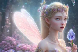 one very little beautiful fairy on a big crystal subtle flower in a galactic ambiance, transparent petals, delicate colors, in the foreground, full of details, smooth, bright sunshine，soft light atmosphere, light effect，vaporwave colorful, concept art, smooth, extremely sharp detail, finely tuned detail, ultra high definition, 8 k, unreal engine 5, ultra sharp focus