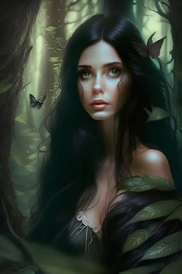 brunette fairy with dark hair in a forest