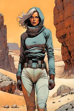 create a fine art print illustration of a rugged Fremen female clothed in a handmade stillsuit of muted greys and browns with highly detailed feminine facial features, traversing a a rocky outcrop amidst the desert sands of Arrakis, dusty, gritty, in the comic book art style of Bill Sienkiewicz, and Jean Giraud Moebius, finely textured, drawn, colored, and inked, Dune movie