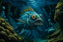 A blue underwater abyss with angler fish painted by Vincent van Gogh