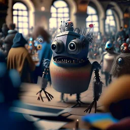 10 crazy chatbot creatures, in the internet web, in the style of Jan Steen combined with Hendrick Avercamp, blurred people in the background, shallow depth of field, where only some elements in the image are in sharp focus –ar 2:1