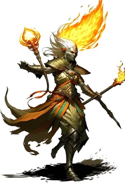 Air genasi from dnd with ashesen skin and asian flowing hair on head holding a Flaming spear in Monk attire with ash giant symbolism more ash less fire