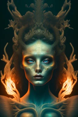 portrait photography of an ethereal beautiful animal goddess, Fire theme art, Dark moody night atmosphere, Portrait of a man by Michelangelo, 8K, close-up face, anatomically perfect face, oak tree roots, ignore NSFW