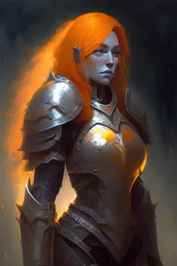 Paladin in dark armor, orange hair, orange eyes, standing in mists, Female, dark art, Peach skin