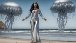 Wide-angle shot of a woman, standing to one side on a beach with huge waves, with dark hair in a silver robotic catsuit, many large Portuguese Man-of-War jellyfish floating high up in the air, masterpiece, best quality, super detailed