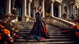 stunning fashion photo of a woman stands nice stairs best pose in extreme weird dress in garden, her is perfect beauty face, perfect full body, sunshine, , lace, deep colors, fine flower patterns, geometric, high detailed, sharp focus, stunning weird fashion, futuristic-Rococo style, best quality , professional photographer, best nikon shoot